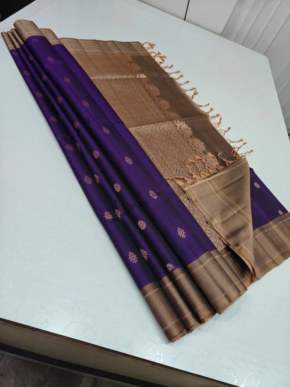 Purple and Tan Soft Silk with Flower Spray Buttas and Copper Zari Border Saree